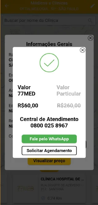 Tela do app com valor 77MED de R$ 60 contra R$ 260 particular