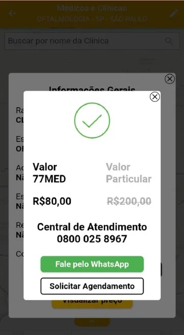 Tela do app com valor 77MED de R$ 80 contra R$ 200 particular
