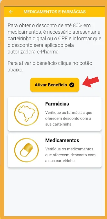 Tela de medicamentos e farmácias do app